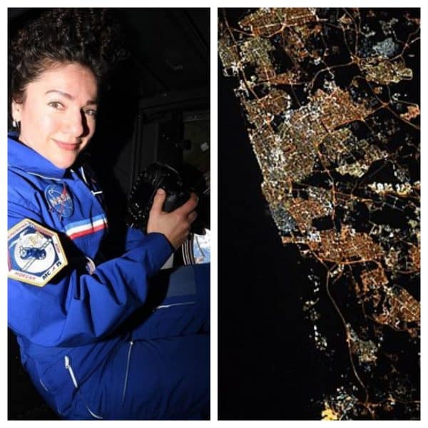 ג'סיקה מאיר מצלמת מתחנת החלל (צילום נאס"א). בצילום מימין תל אביב כפי שצילמה אותה מאיר